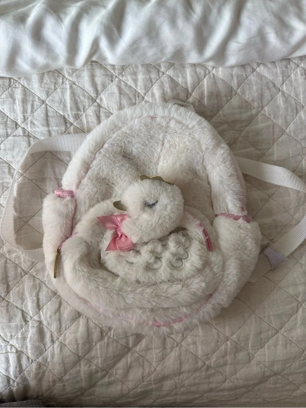 Plush Swan Kids Backpack - Soft Pink and White